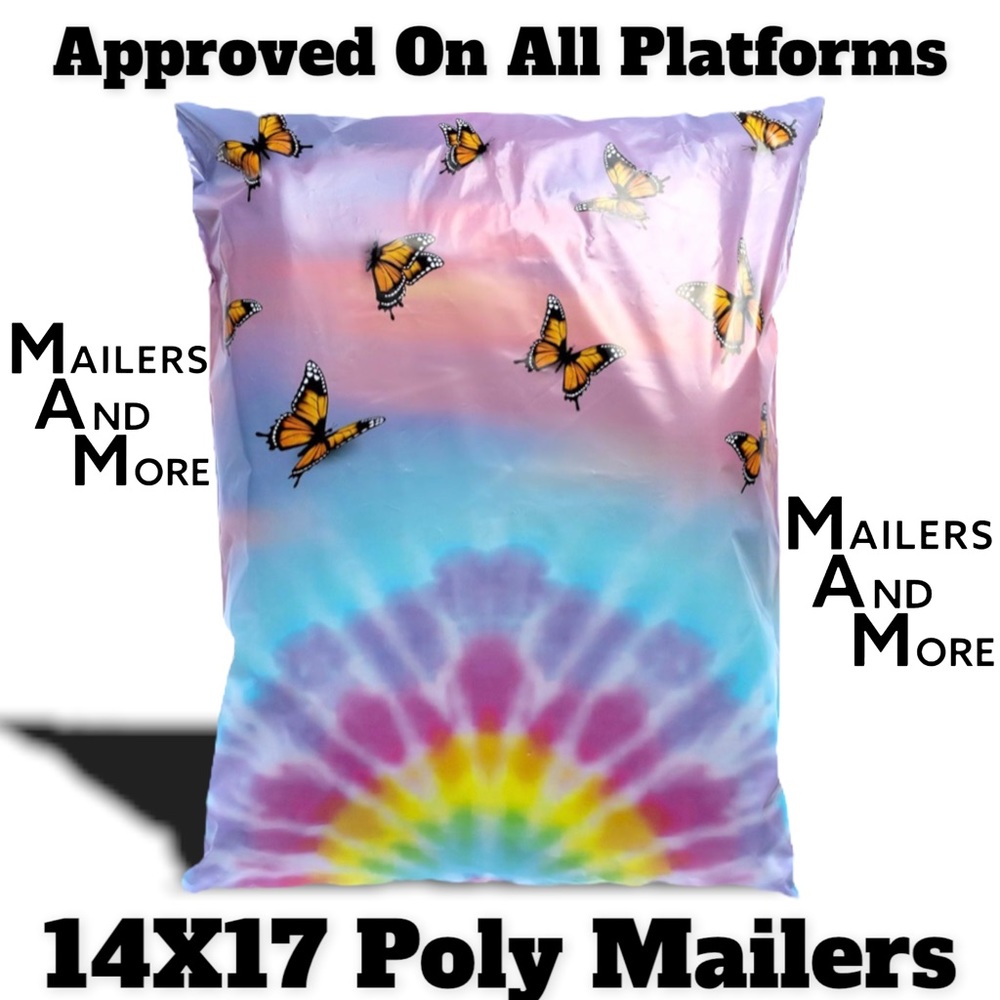 25 Poly Mailers 14X17 Rainbow Tye Dye Butterflies, Shipping Envelopes PRICE FIRM - Picture 2 of 5